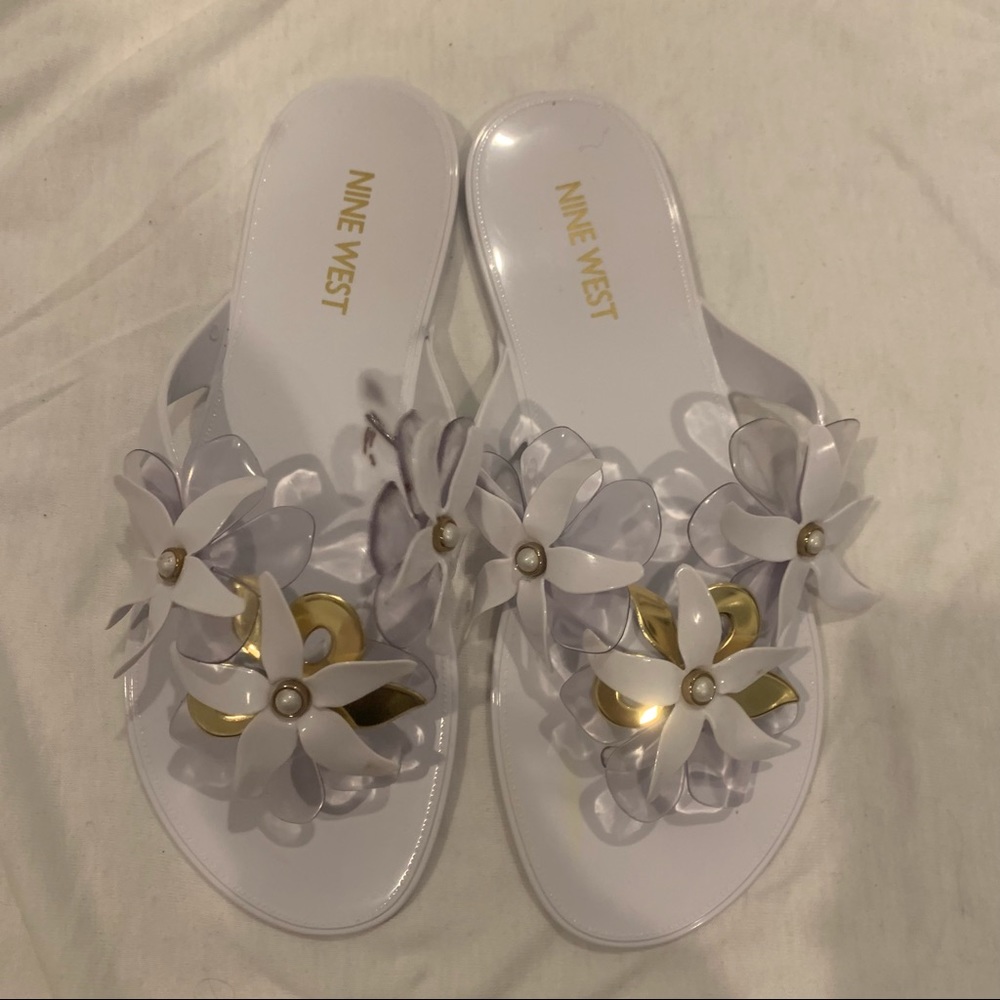 White and gold flower flip flop sandals